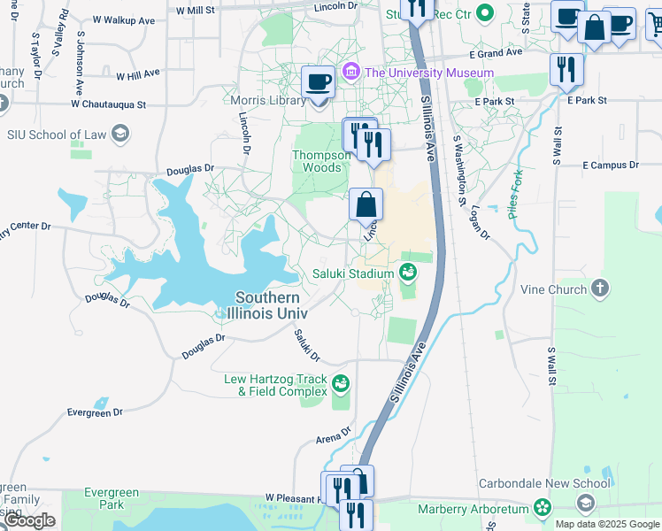 map of restaurants, bars, coffee shops, grocery stores, and more near Unnamed Road in Carbondale