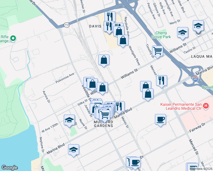 map of restaurants, bars, coffee shops, grocery stores, and more near in San Leandro