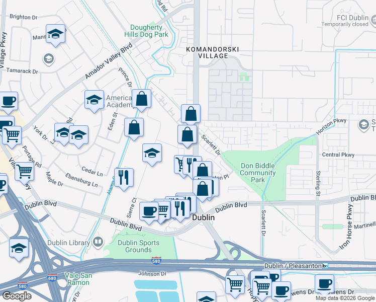 map of restaurants, bars, coffee shops, grocery stores, and more near 6398 Dougherty Road in Dublin