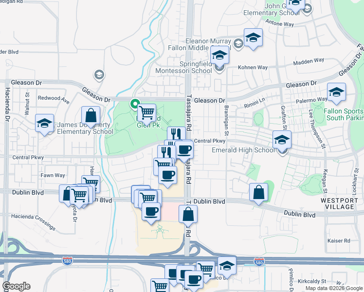 map of restaurants, bars, coffee shops, grocery stores, and more near 4800 Tassajara Road in Dublin
