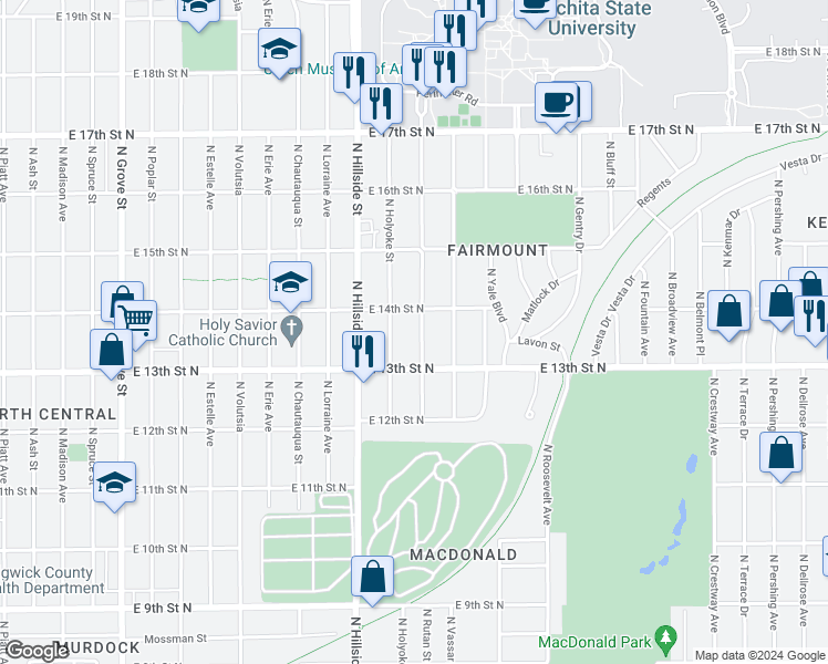 map of restaurants, bars, coffee shops, grocery stores, and more near 1435 Fairmount Street in Wichita