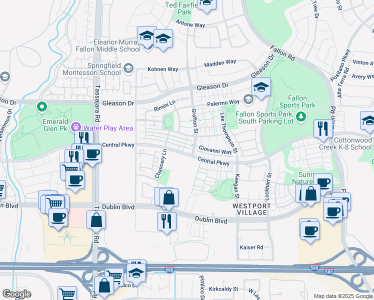 map of restaurants, bars, coffee shops, grocery stores, and more near 3575 Central Parkway in Dublin