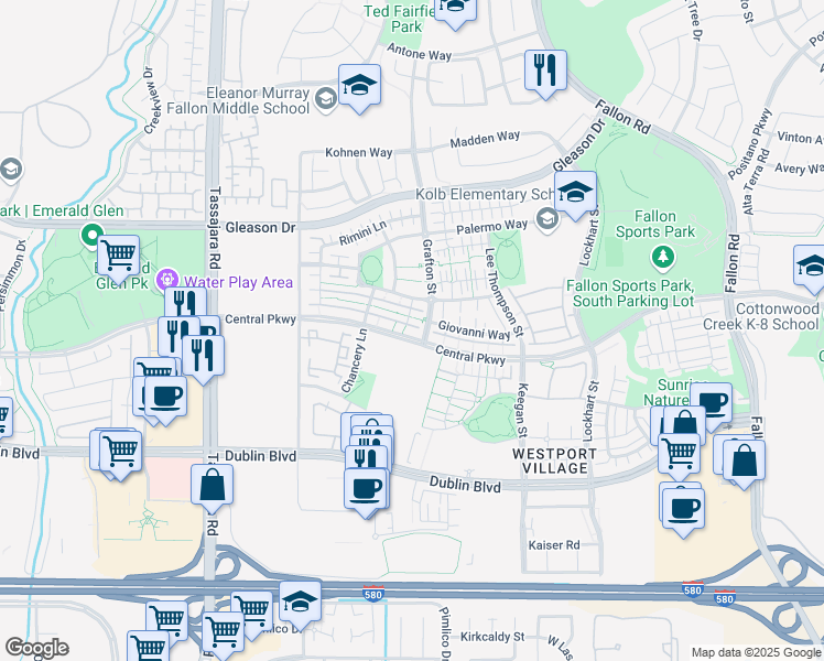 map of restaurants, bars, coffee shops, grocery stores, and more near 3567 Central Parkway in Dublin