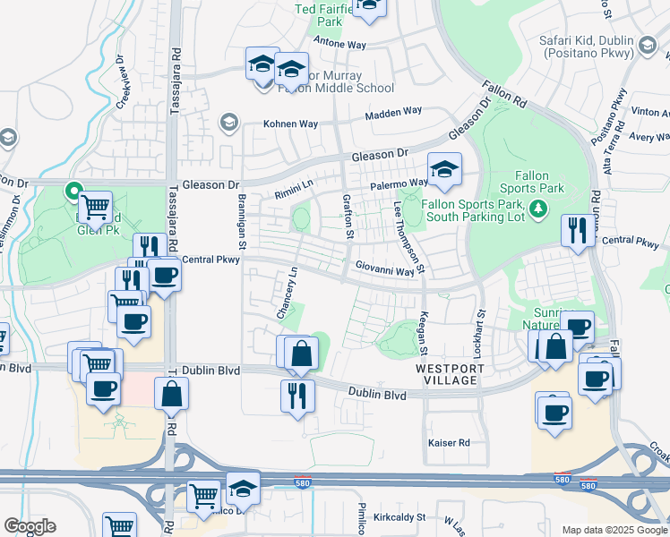 map of restaurants, bars, coffee shops, grocery stores, and more near 3567 Central Parkway in Dublin