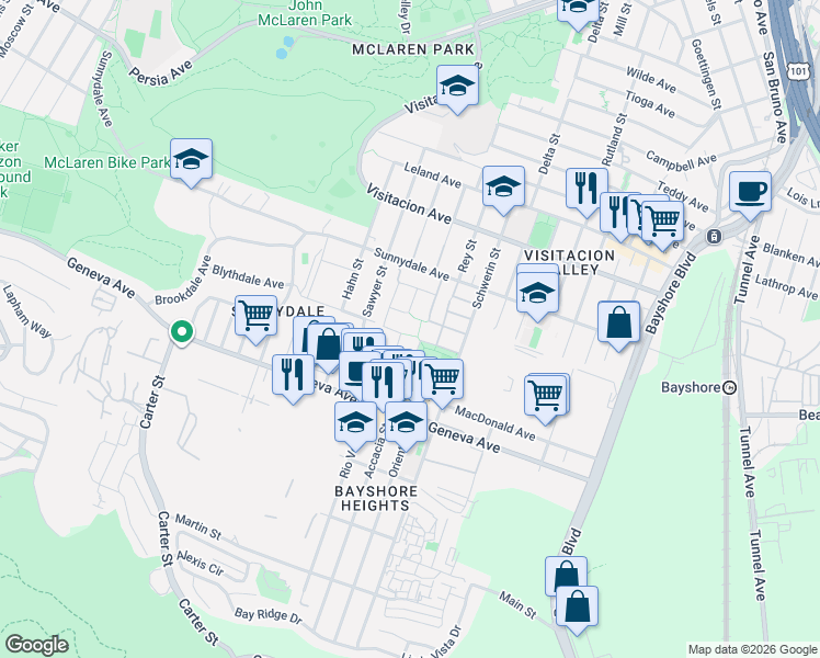 map of restaurants, bars, coffee shops, grocery stores, and more near 38 Garrison Avenue in San Francisco