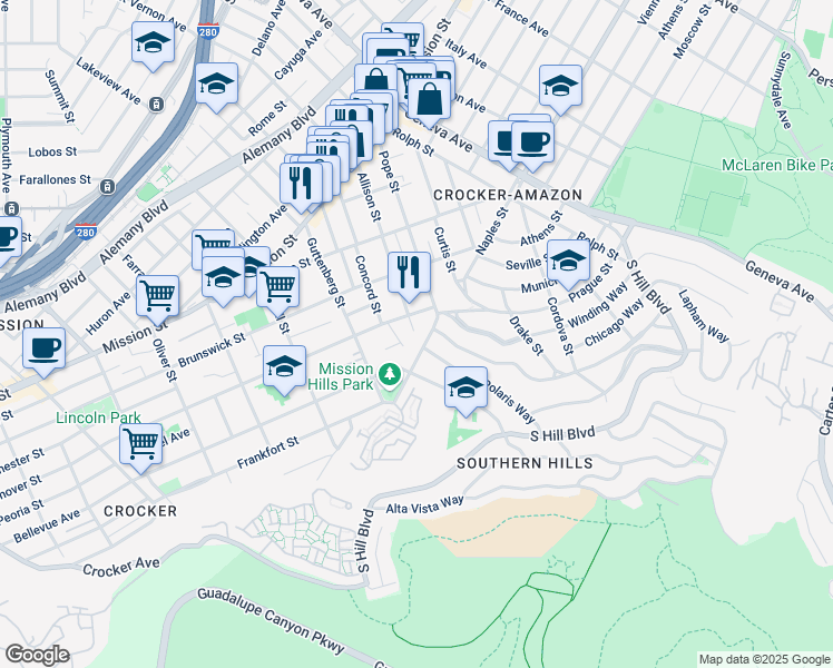 map of restaurants, bars, coffee shops, grocery stores, and more near in San Francisco