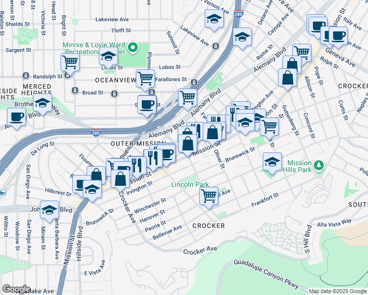 map of restaurants, bars, coffee shops, grocery stores, and more near 930 Huron Avenue in San Francisco