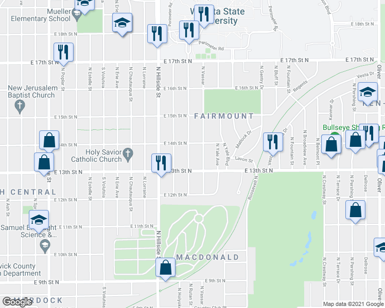 map of restaurants, bars, coffee shops, grocery stores, and more near 1450 Fairmount Street in Wichita