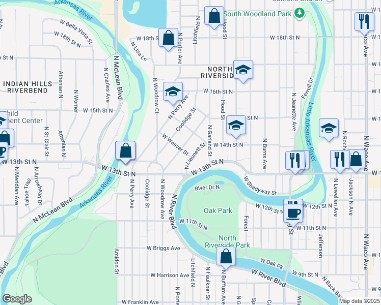 map of restaurants, bars, coffee shops, grocery stores, and more near 1475 Woodrow Street in Wichita