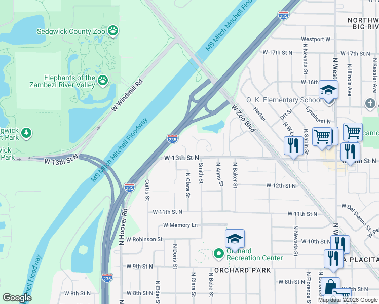 map of restaurants, bars, coffee shops, grocery stores, and more near 1422 North Doris Circle in Wichita