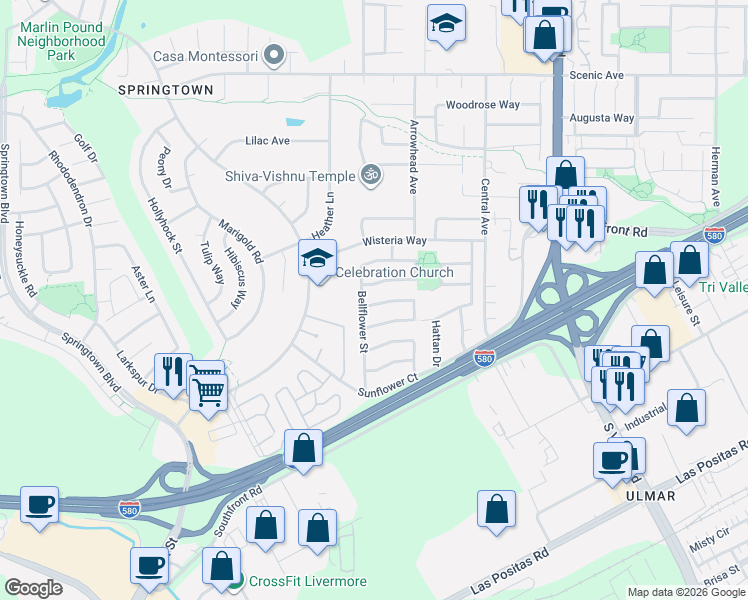 map of restaurants, bars, coffee shops, grocery stores, and more near 5308 Hillflower Drive in Livermore