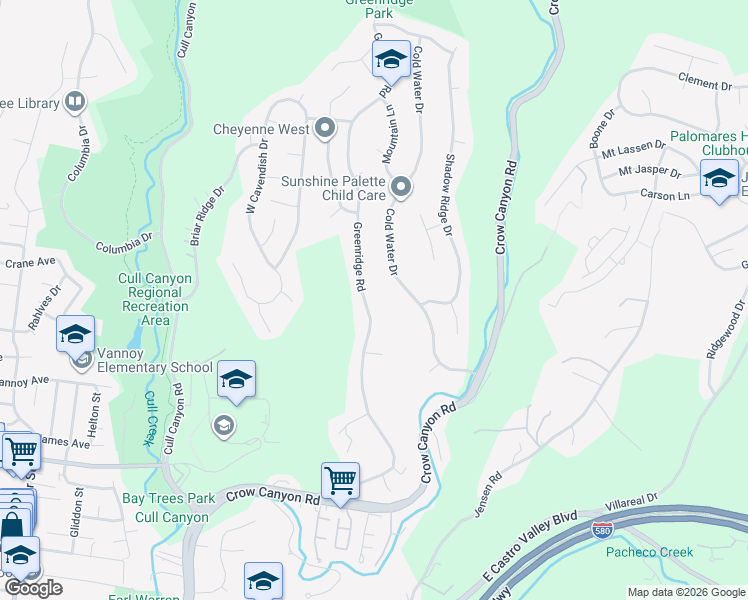 map of restaurants, bars, coffee shops, grocery stores, and more near 5605 Greenridge Road in Castro Valley
