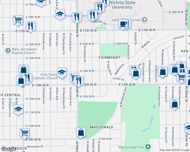map of restaurants, bars, coffee shops, grocery stores, and more near 1432 Fairmount Street in Wichita