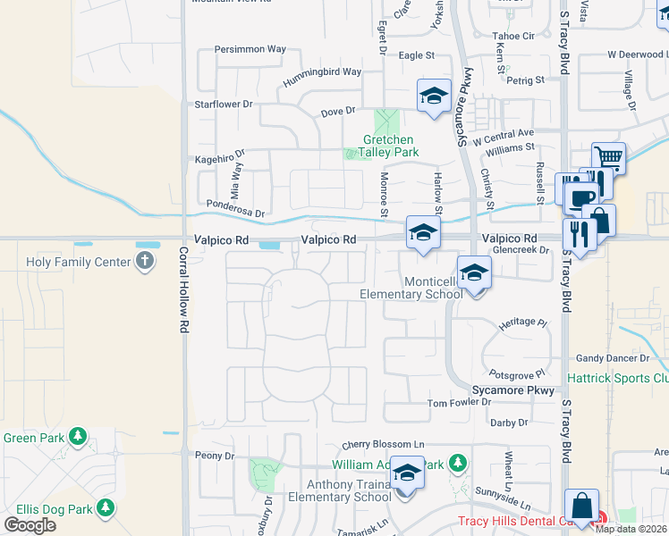 map of restaurants, bars, coffee shops, grocery stores, and more near 11148-11150 Valpico Rd in Tracy