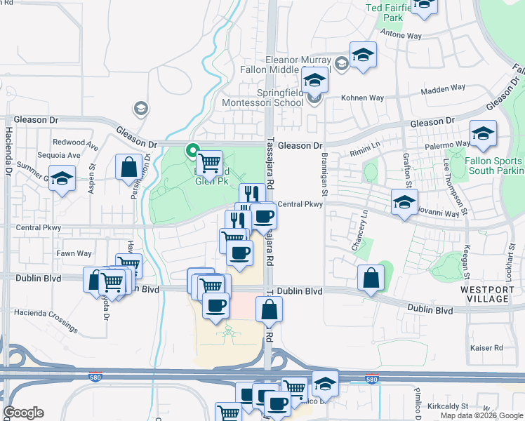 map of restaurants, bars, coffee shops, grocery stores, and more near 4800 Tassajara Road in Dublin