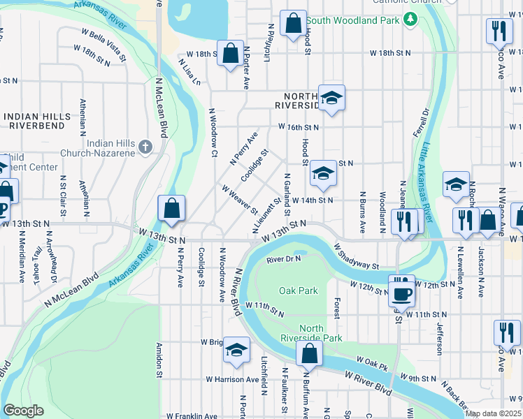 map of restaurants, bars, coffee shops, grocery stores, and more near 1475 North Lieunett Street in Wichita
