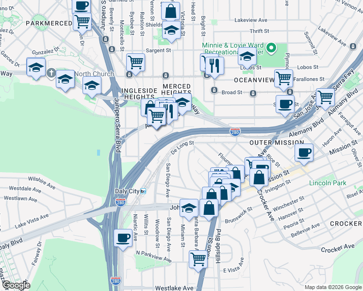 map of restaurants, bars, coffee shops, grocery stores, and more near 2 Santa Cruz Avenue in San Francisco