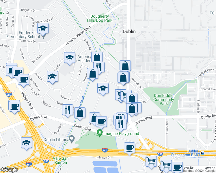 map of restaurants, bars, coffee shops, grocery stores, and more near 6800 Sierra Ct in Dublin