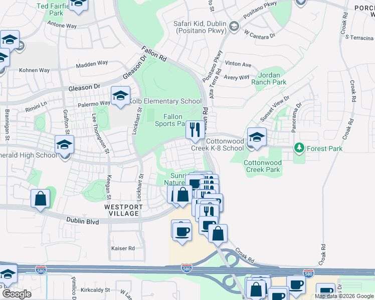 map of restaurants, bars, coffee shops, grocery stores, and more near 2843 Alliston Loop in Dublin