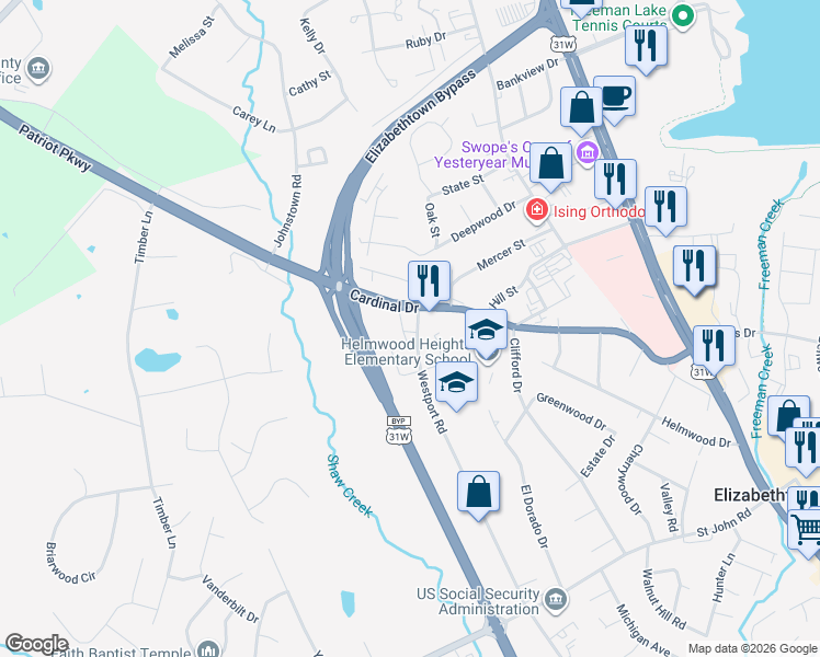 map of restaurants, bars, coffee shops, grocery stores, and more near 407-501 Rineyville Road in Elizabethtown