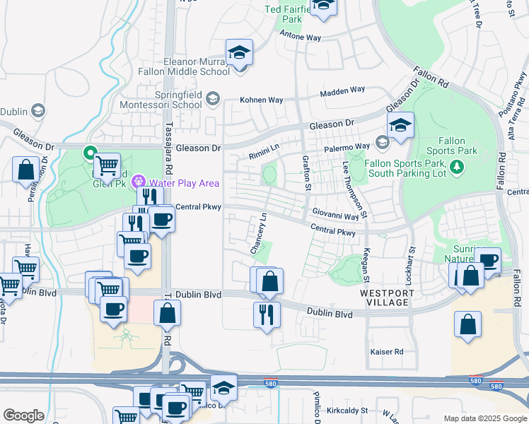 map of restaurants, bars, coffee shops, grocery stores, and more near Central Parkway & Chancery Lane in Dublin