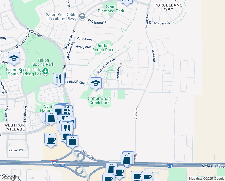map of restaurants, bars, coffee shops, grocery stores, and more near 2210 Central Parkway in Dublin