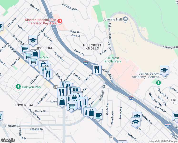 map of restaurants, bars, coffee shops, grocery stores, and more near 14950 Portofino Circle in San Leandro