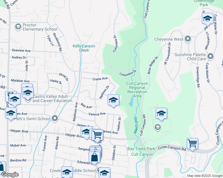 map of restaurants, bars, coffee shops, grocery stores, and more near 5272 Katrina Court in Castro Valley