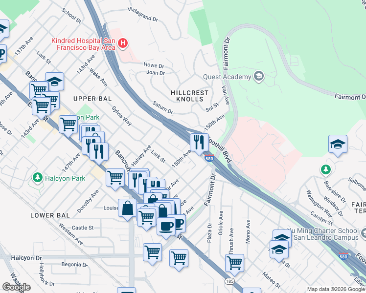 map of restaurants, bars, coffee shops, grocery stores, and more near 14950 Portofino Circle in San Leandro