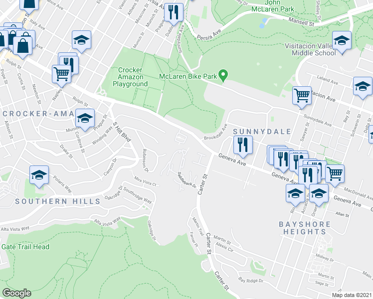 map of restaurants, bars, coffee shops, grocery stores, and more near 205 Stoneridge Lane in San Francisco