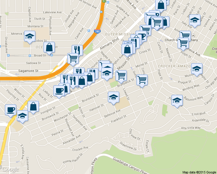 map of restaurants, bars, coffee shops, grocery stores, and more near 21 Whittier Street in San Francisco