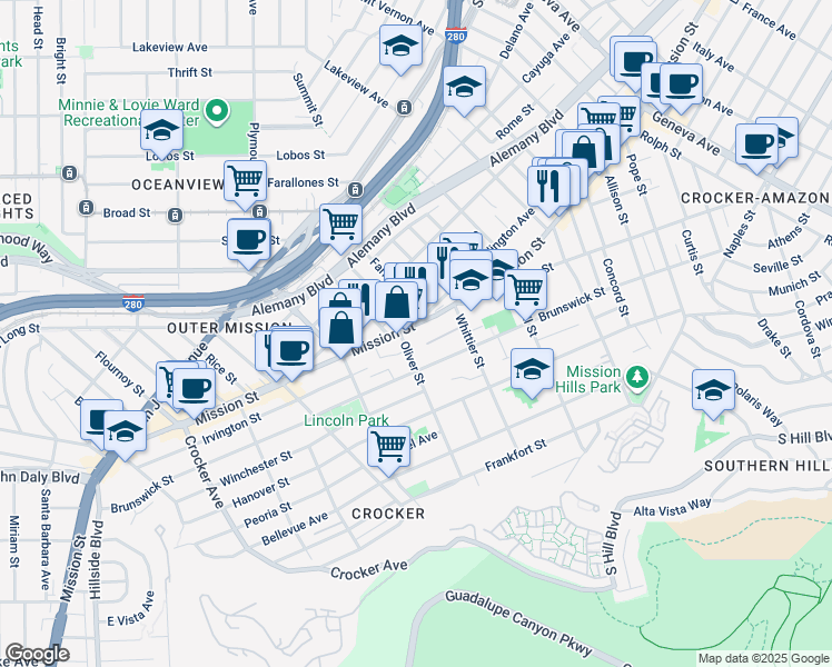 map of restaurants, bars, coffee shops, grocery stores, and more near 59 Oliver Street in San Francisco