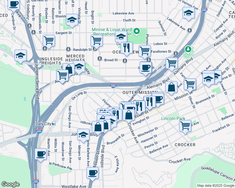 map of restaurants, bars, coffee shops, grocery stores, and more near 76 De Long Street in San Francisco