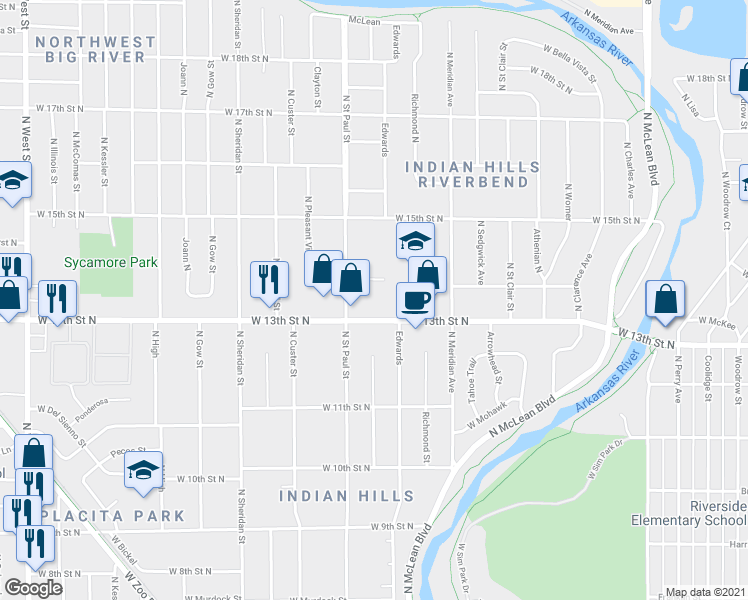 map of restaurants, bars, coffee shops, grocery stores, and more near 1400 West Museum Boulevard in Wichita