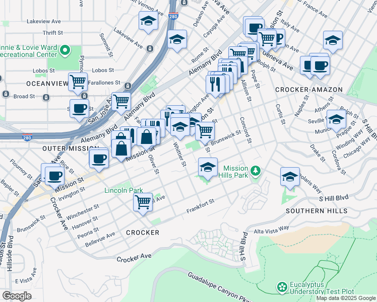 map of restaurants, bars, coffee shops, grocery stores, and more near 670 Brunswick Street in San Francisco