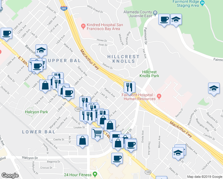 map of restaurants, bars, coffee shops, grocery stores, and more near 14981 Portofino Circle in San Leandro