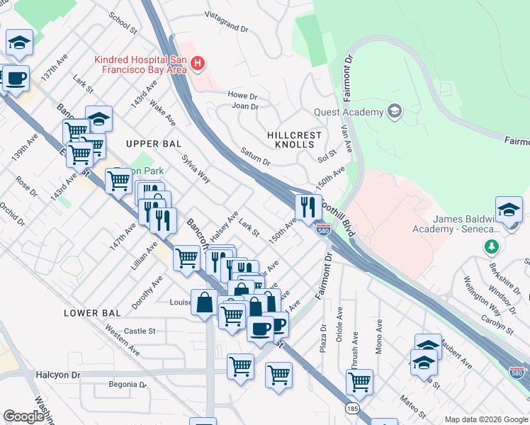 map of restaurants, bars, coffee shops, grocery stores, and more near 14981 Portofino Circle in San Leandro