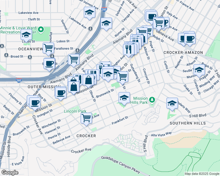 map of restaurants, bars, coffee shops, grocery stores, and more near 21 Whittier Street in San Francisco