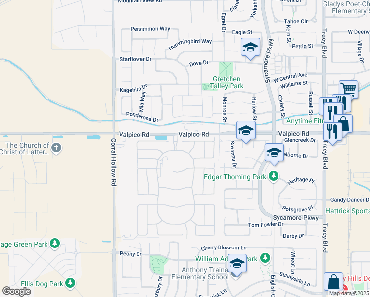 map of restaurants, bars, coffee shops, grocery stores, and more near 2848 Lakeshore Avenue in Tracy