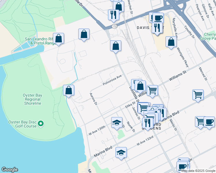 map of restaurants, bars, coffee shops, grocery stores, and more near 2200-2498 Polvorosa Avenue in San Leandro