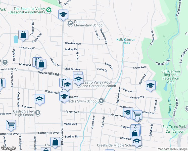 map of restaurants, bars, coffee shops, grocery stores, and more near 18771 Brickell Way in Castro Valley