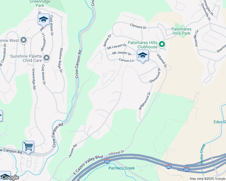 map of restaurants, bars, coffee shops, grocery stores, and more near 20340 Hunters Knolls in Castro Valley