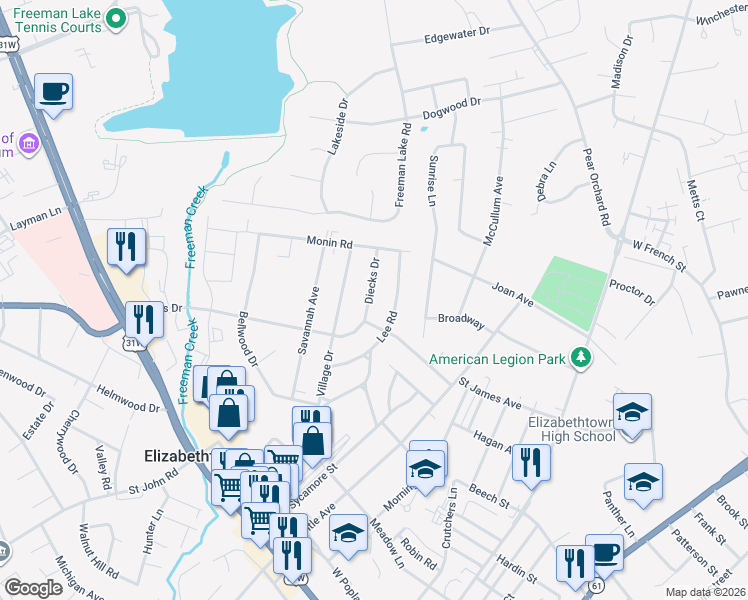 map of restaurants, bars, coffee shops, grocery stores, and more near 519 Lee Road in Elizabethtown