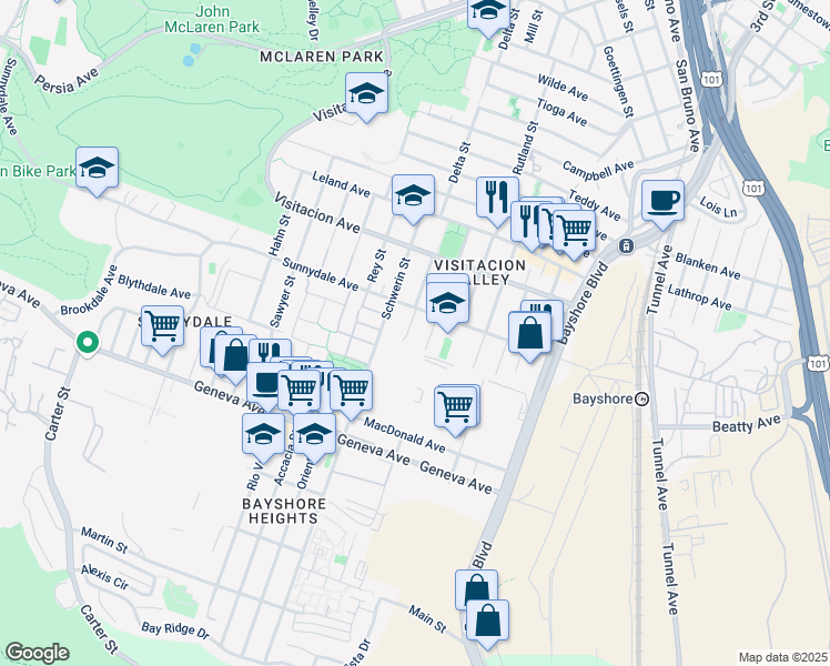 map of restaurants, bars, coffee shops, grocery stores, and more near 15 Melra Court in San Francisco