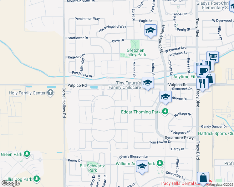 map of restaurants, bars, coffee shops, grocery stores, and more near 2834 Stampede Lane in Tracy