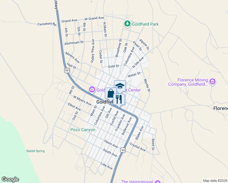 map of restaurants, bars, coffee shops, grocery stores, and more near 412 North Columbia Avenue in Goldfield