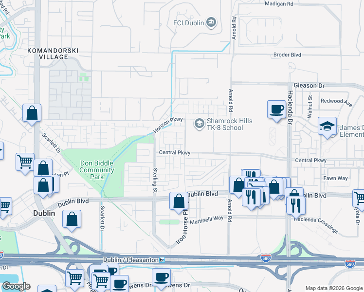 map of restaurants, bars, coffee shops, grocery stores, and more near 5828 Iron Horse Parkway in Dublin