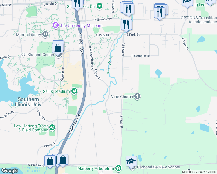 map of restaurants, bars, coffee shops, grocery stores, and more near Logan Drive in Carbondale