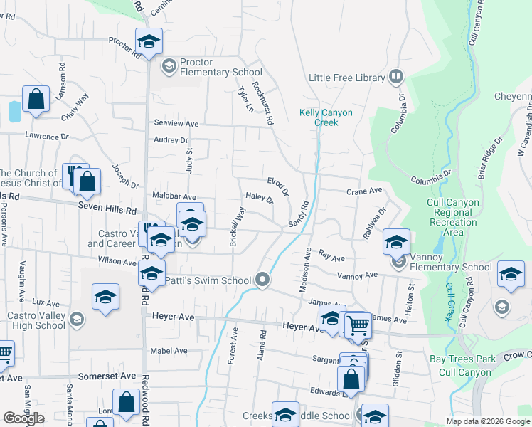 map of restaurants, bars, coffee shops, grocery stores, and more near 4827 Haley Drive in Castro Valley