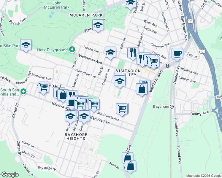 map of restaurants, bars, coffee shops, grocery stores, and more near 15 Melra Court in San Francisco